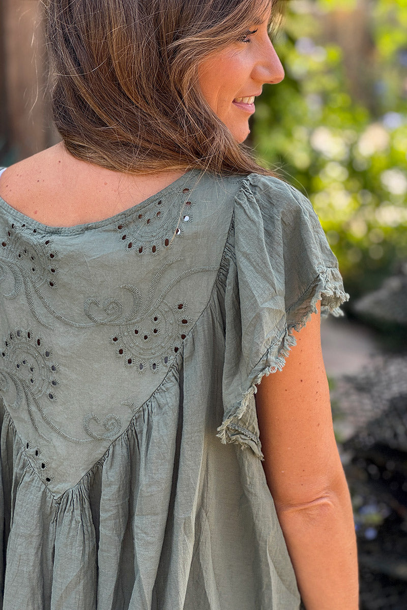 Khaki Eyelet Cotton Babydoll Blouse