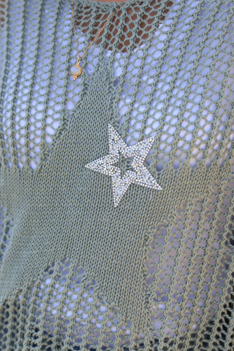 Khaki open crochet top with large star and rhinestone star detail