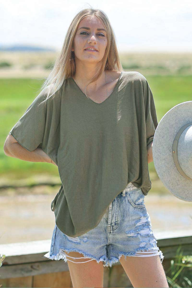 Relaxed Fit Olive V-neck Top