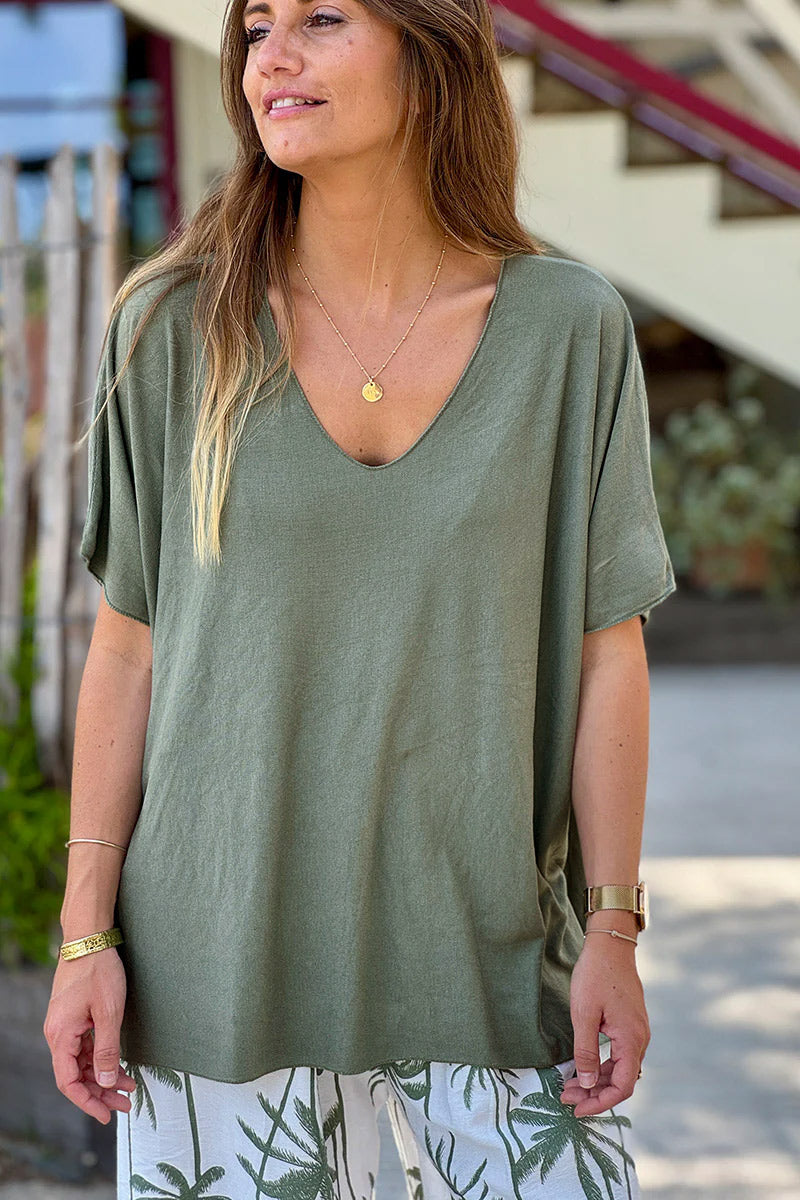 Relaxed Fit Olive V-neck Top