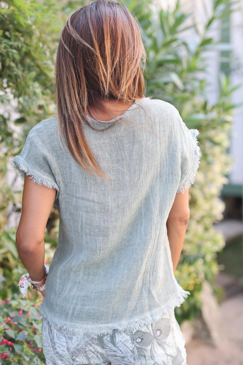 Khaki cotton linen blend short sleeve blouse with fringed hems