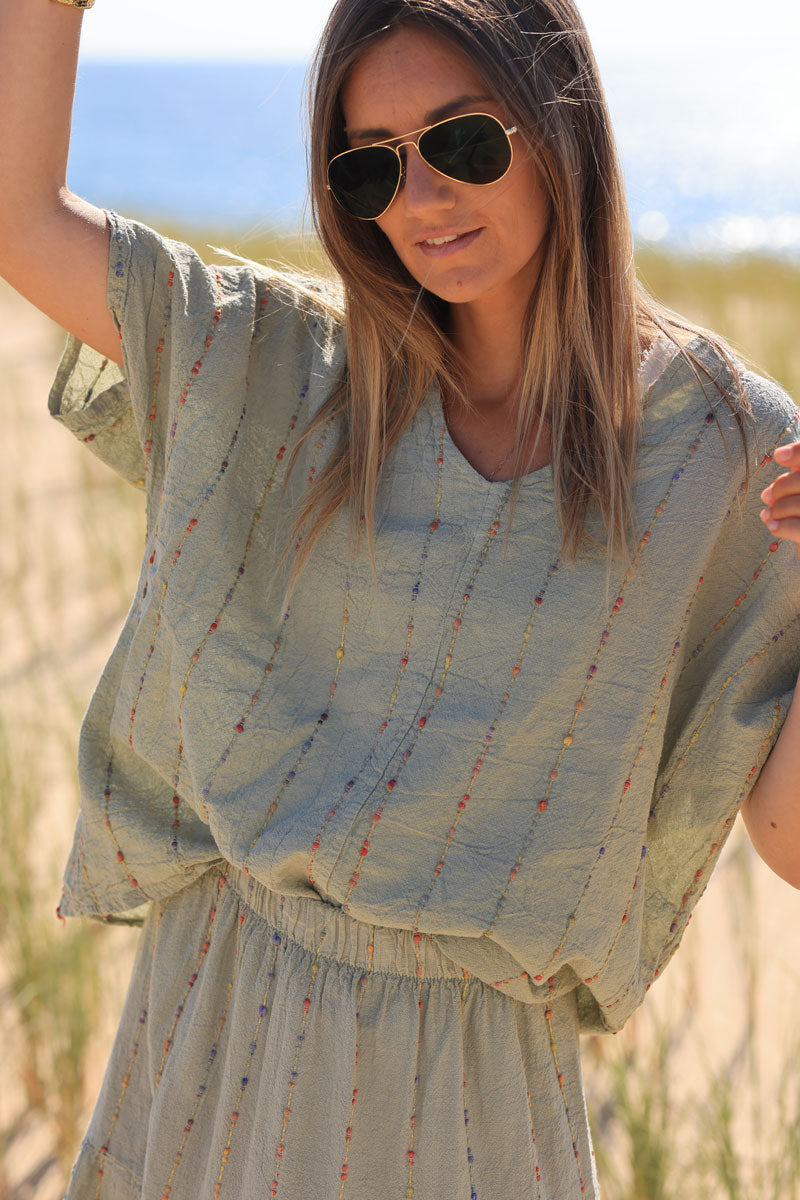 Khaki floaty cotton and linen top with colored threads