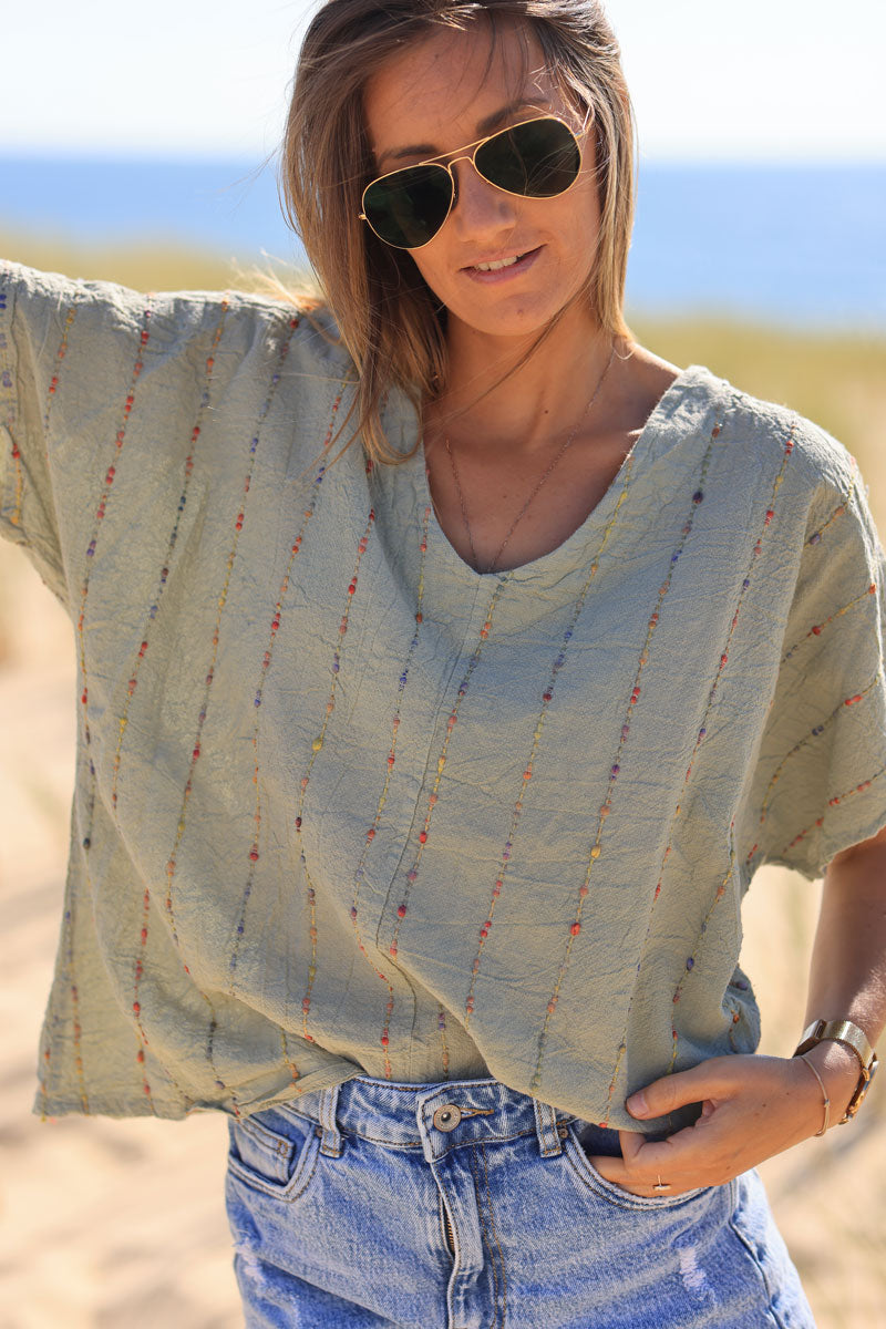 Khaki floaty cotton and linen top with colored threads
