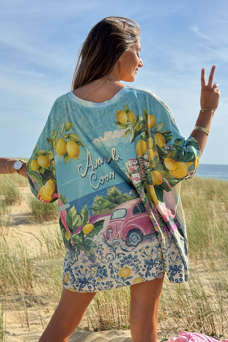 Top large beige brillant imprimé La Dolce Vita rayures turquoise et citrons
