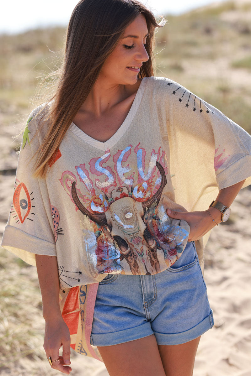 Cream Evil Eye Art Print Knit Tunic