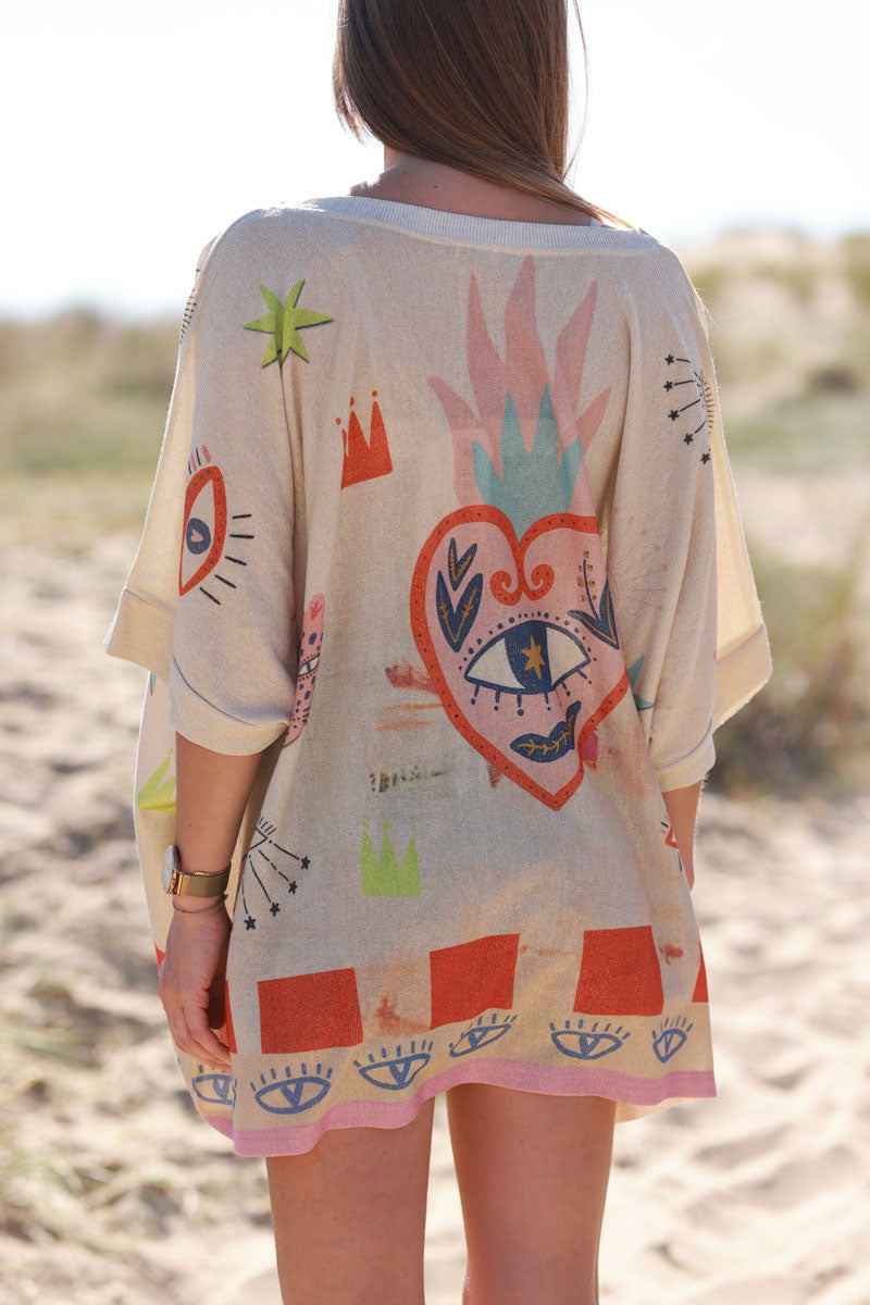 Cream Evil Eye Art Print Knit Tunic