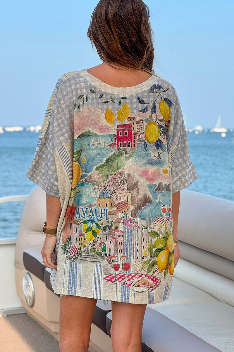 Top large beige brillant imprimé rayures bleu palmier gold Hello Sunshine citrons