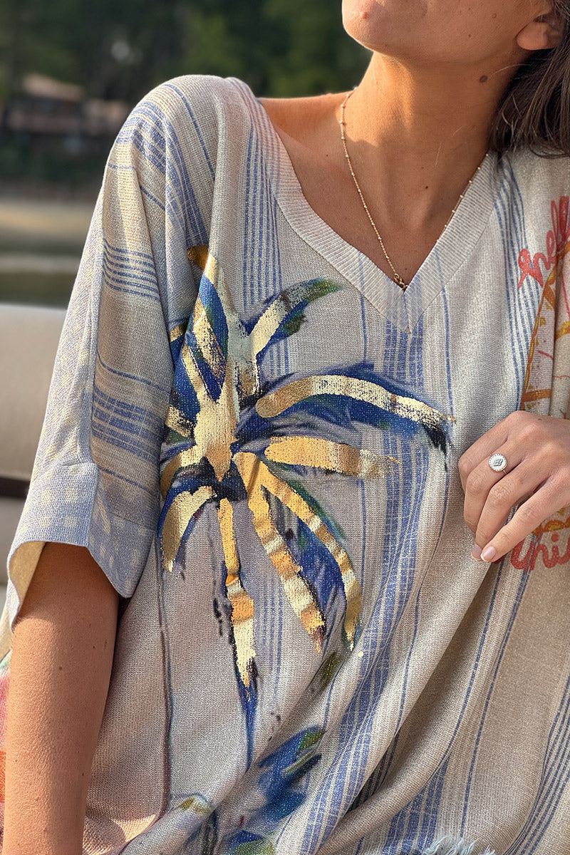 Top large beige brillant imprimé rayures bleu palmier gold Hello Sunshine citrons