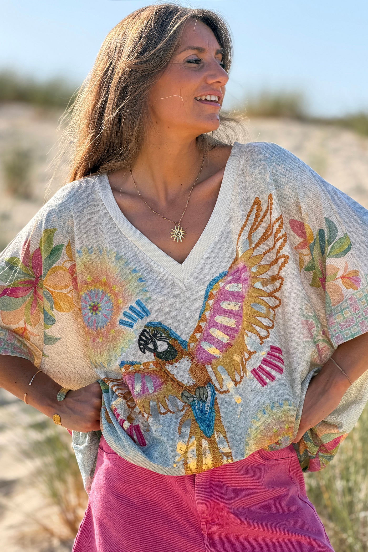 Cream “Bonjour Mon Amour” Tropical Glitter Knit Tunic
