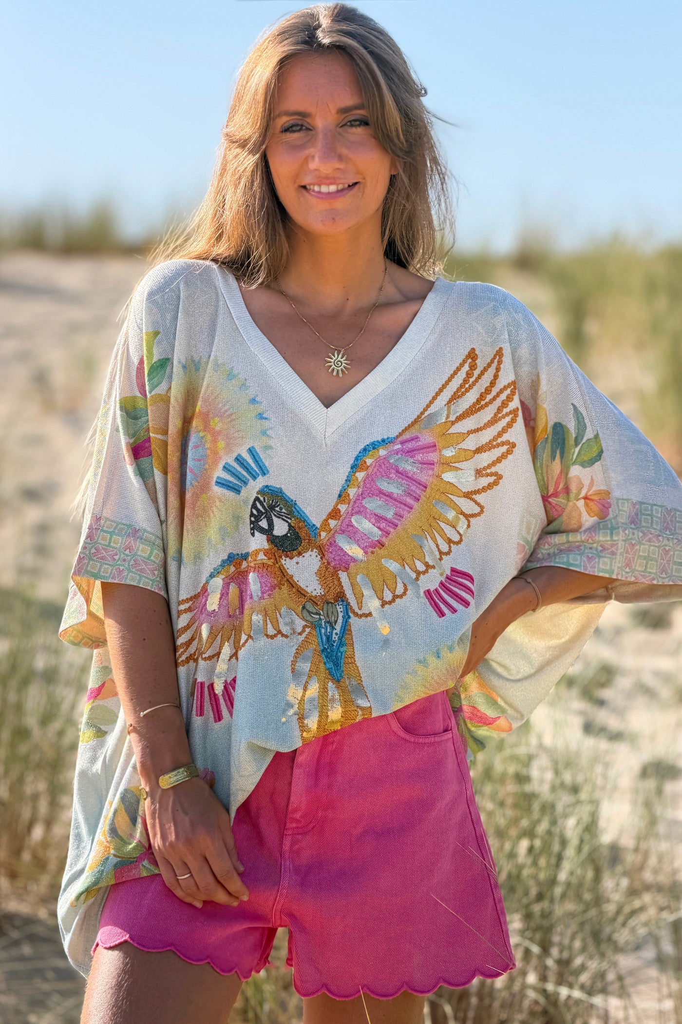 Cream “Bonjour Mon Amour” Tropical Glitter Knit Tunic
