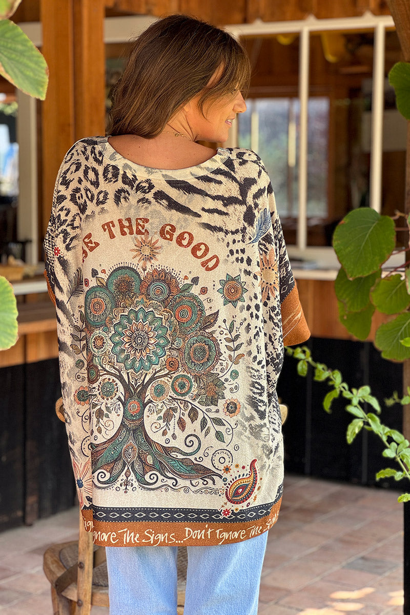 Top large beige brillant motif soleil mandala arbre de vie imprimé animal