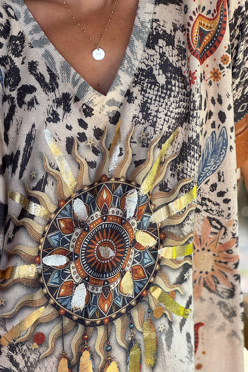 Top large beige brillant motif soleil mandala arbre de vie imprimé animal