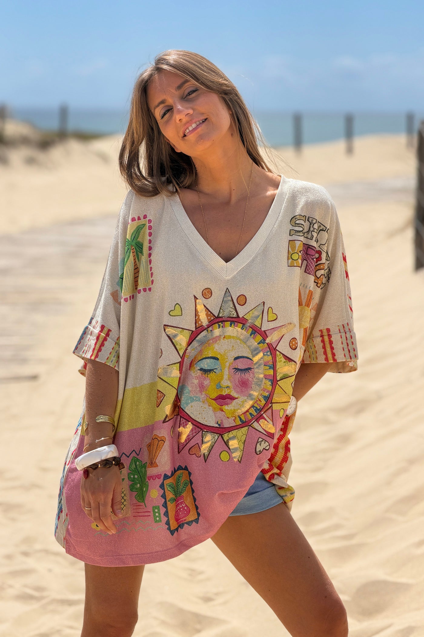 Beige “Shine Bright” Serene Sun Glitter Knit Tunic