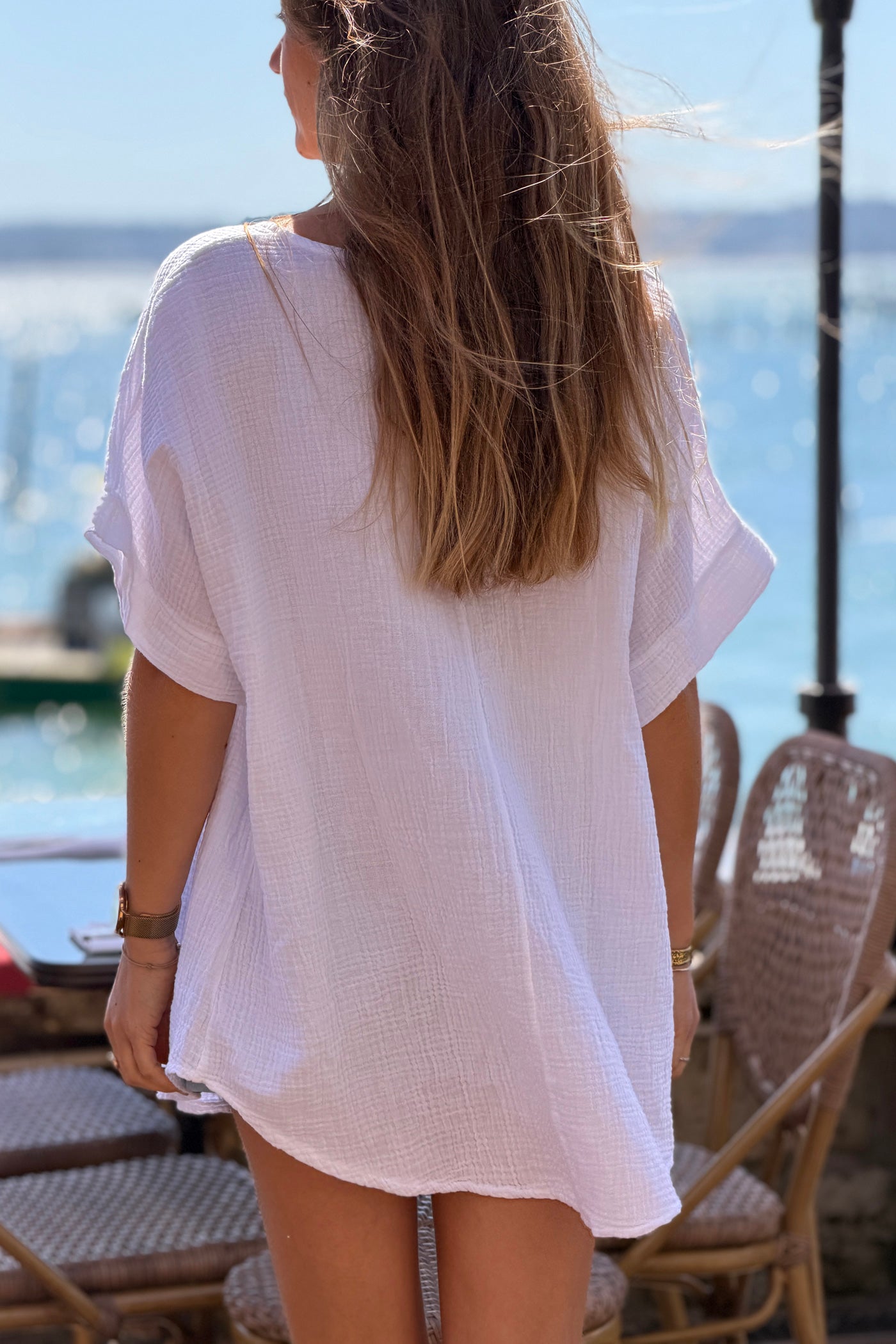 Top large blanc en gaze de coton basique col rond