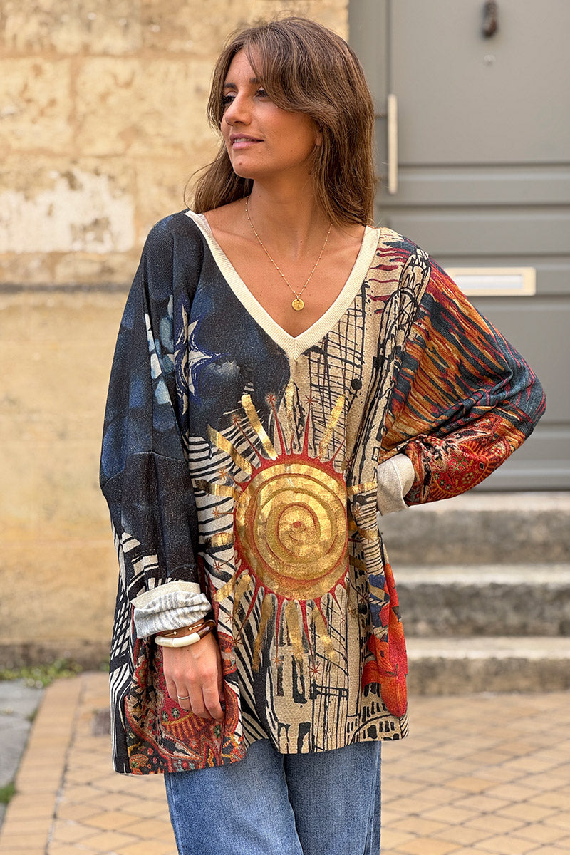 Cream Glitter Knit Golden Sun Mixed Media Top