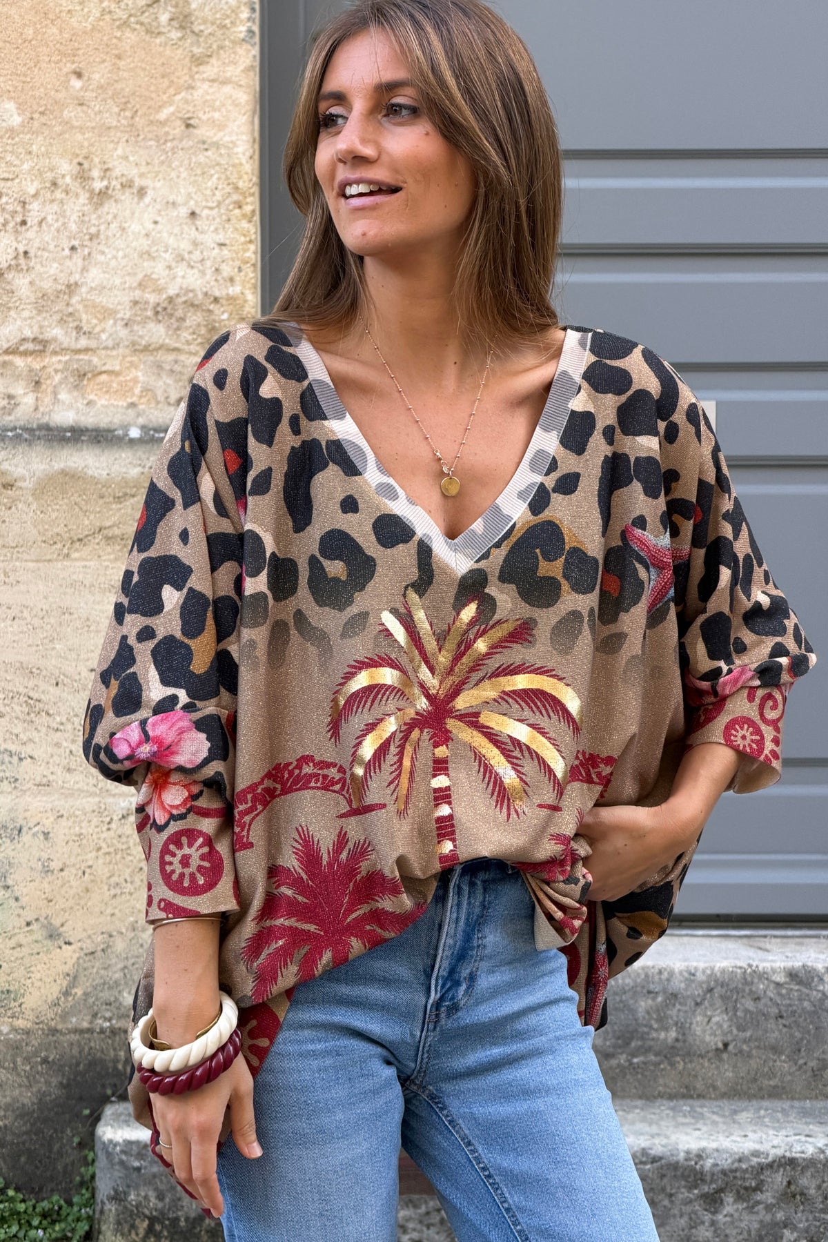 Camel Jungle Palms Long-Sleeve Glitter Knit Top
