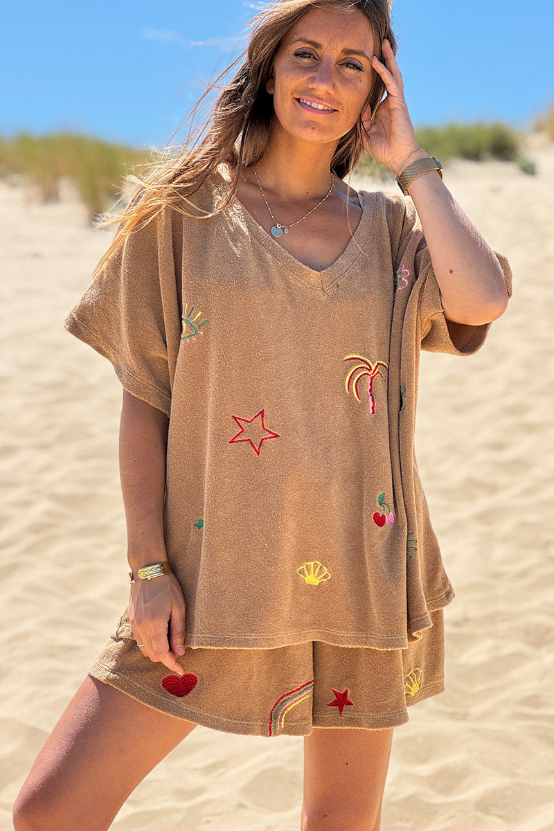 Camel Embroidered Terry V-Neck Top
