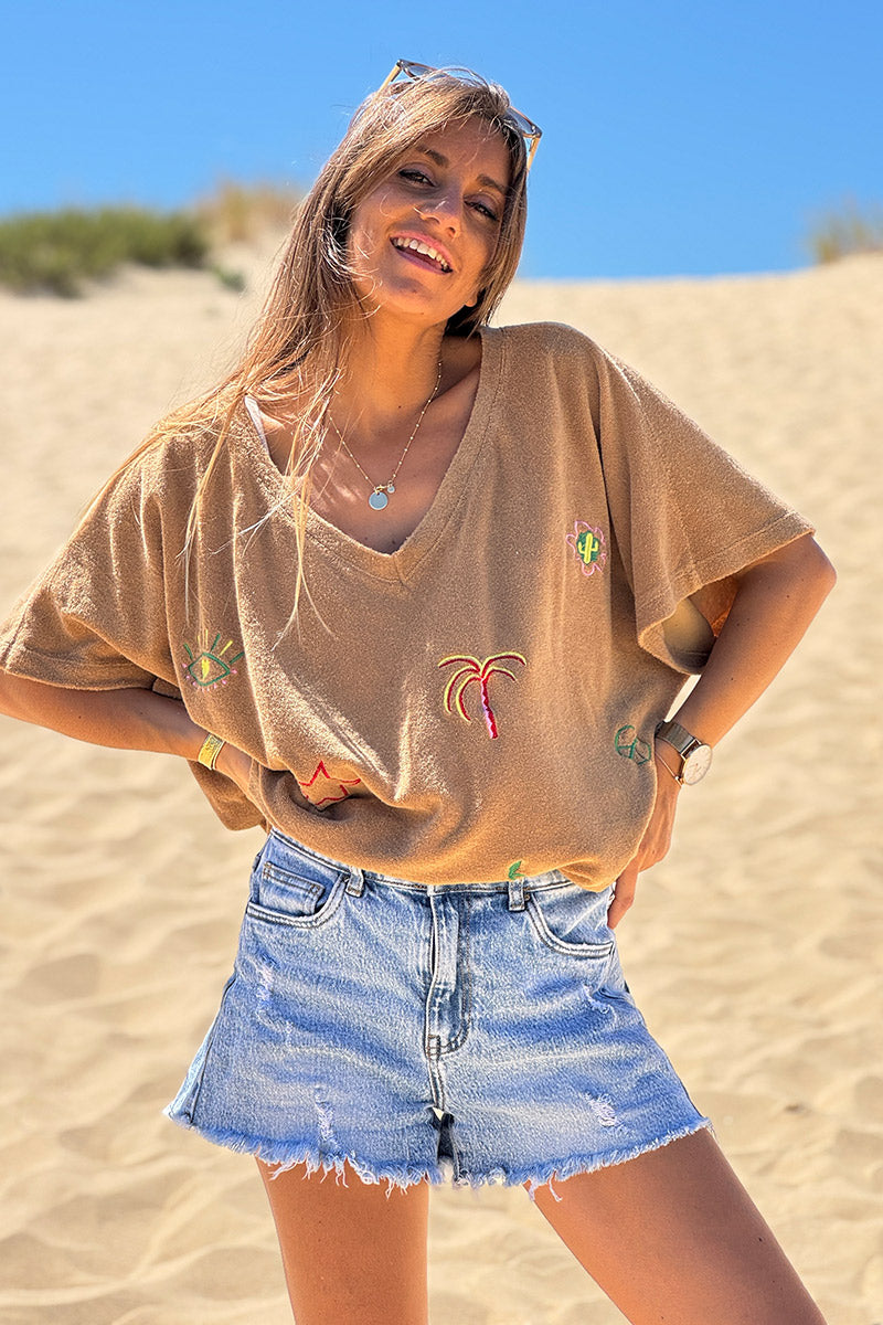 Camel Embroidered Terry V-Neck Top
