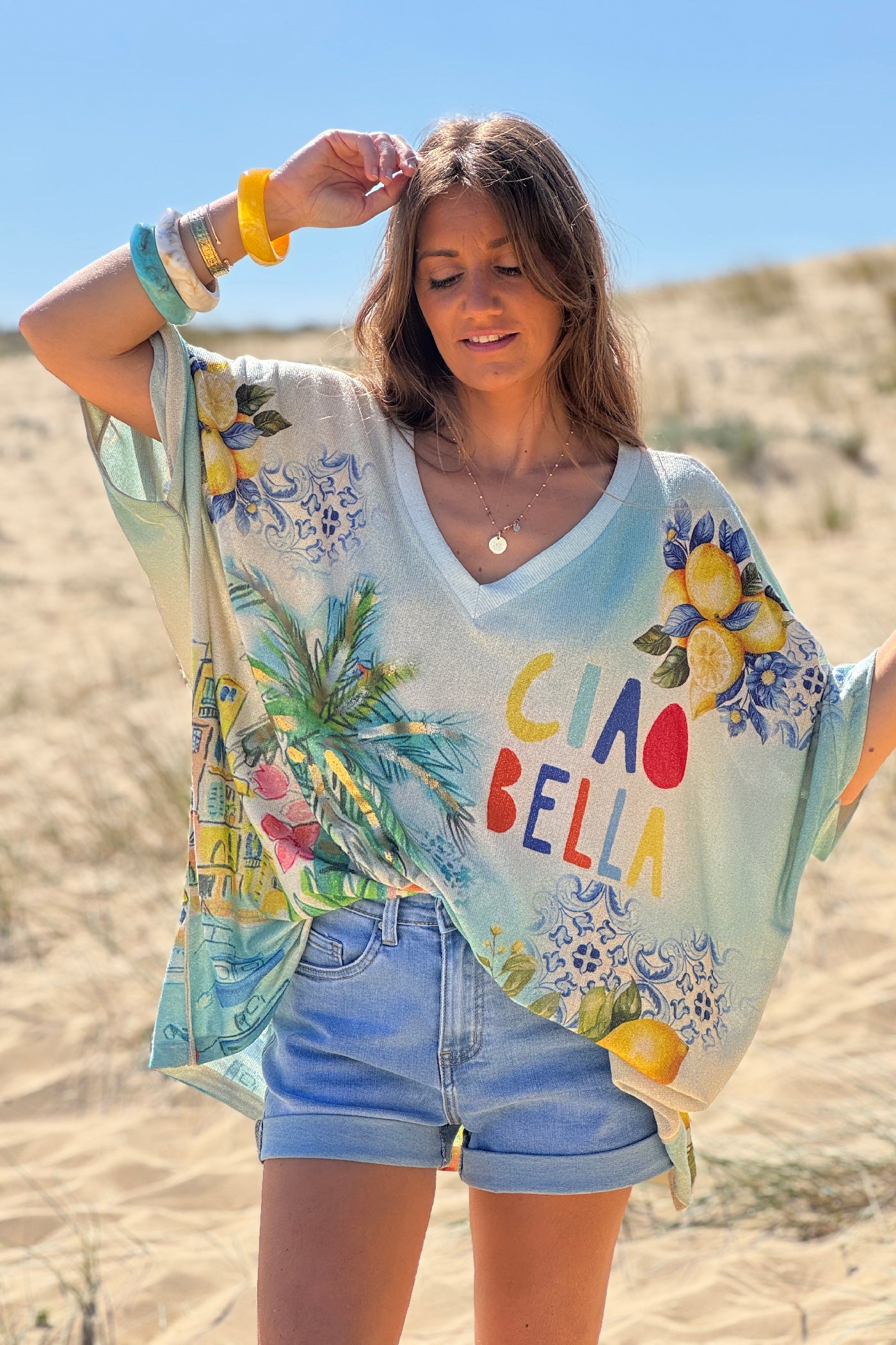 Blue “Ciao Bella” Lemon Grove Glitter Knit Top
