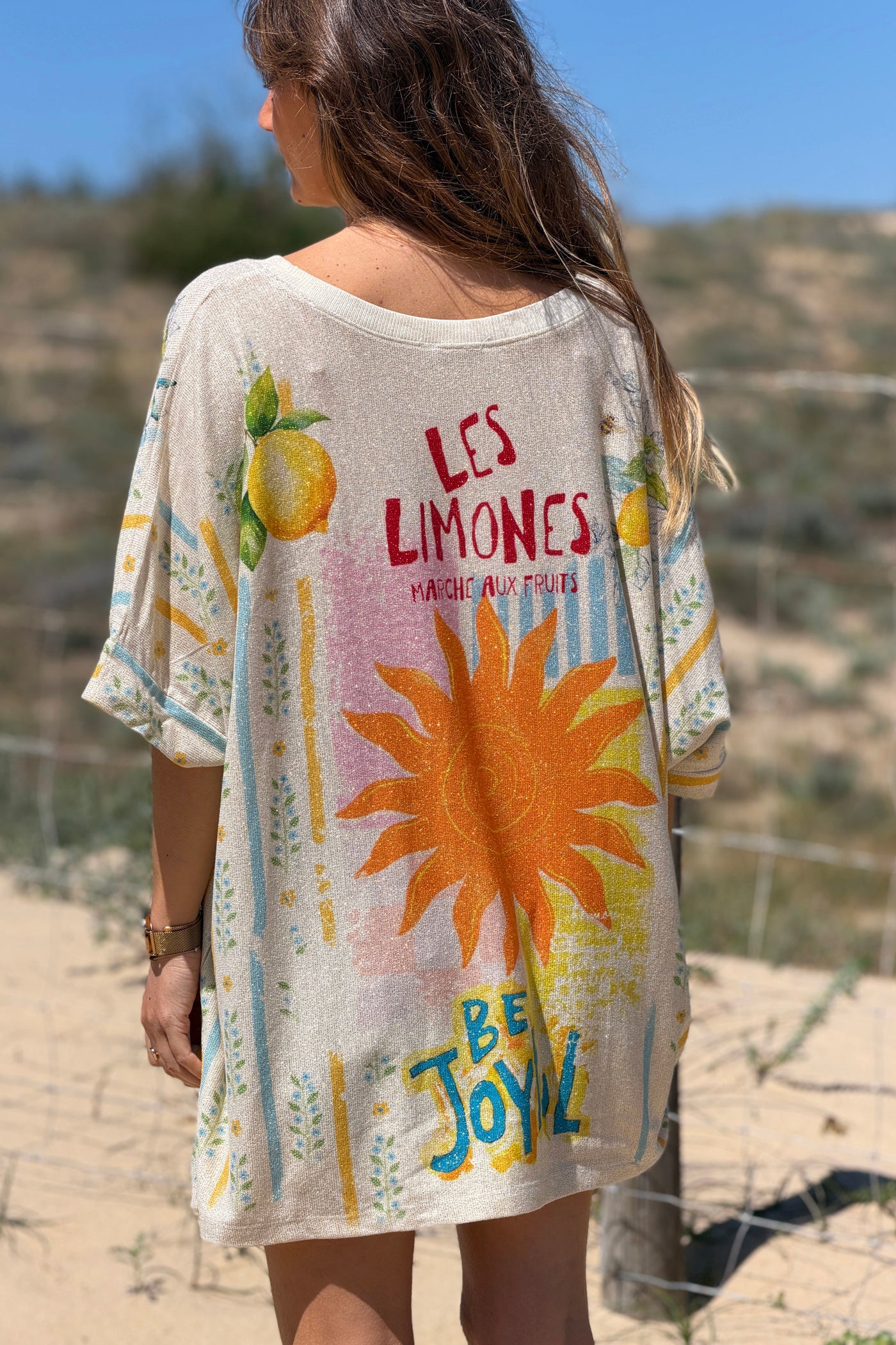 Cream “Be Joyful” Glitter Knit Lemon Stripe Tunic