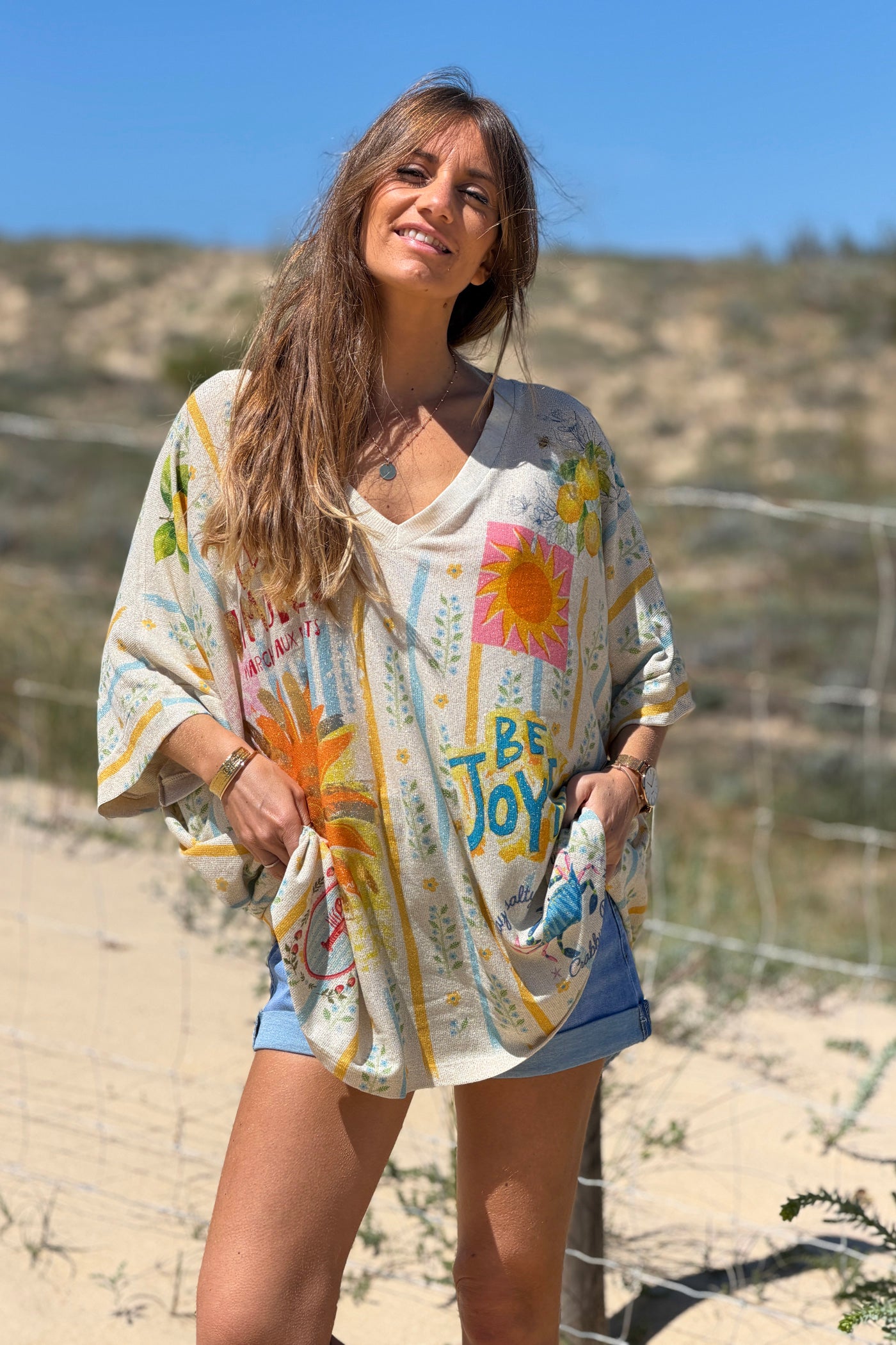 Cream “Be Joyful” Glitter Knit Lemon Stripe Tunic