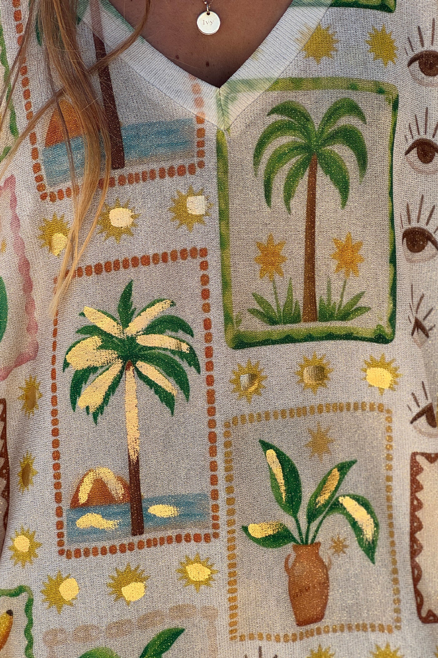 Beige Palm Squares Glitter Knit Top