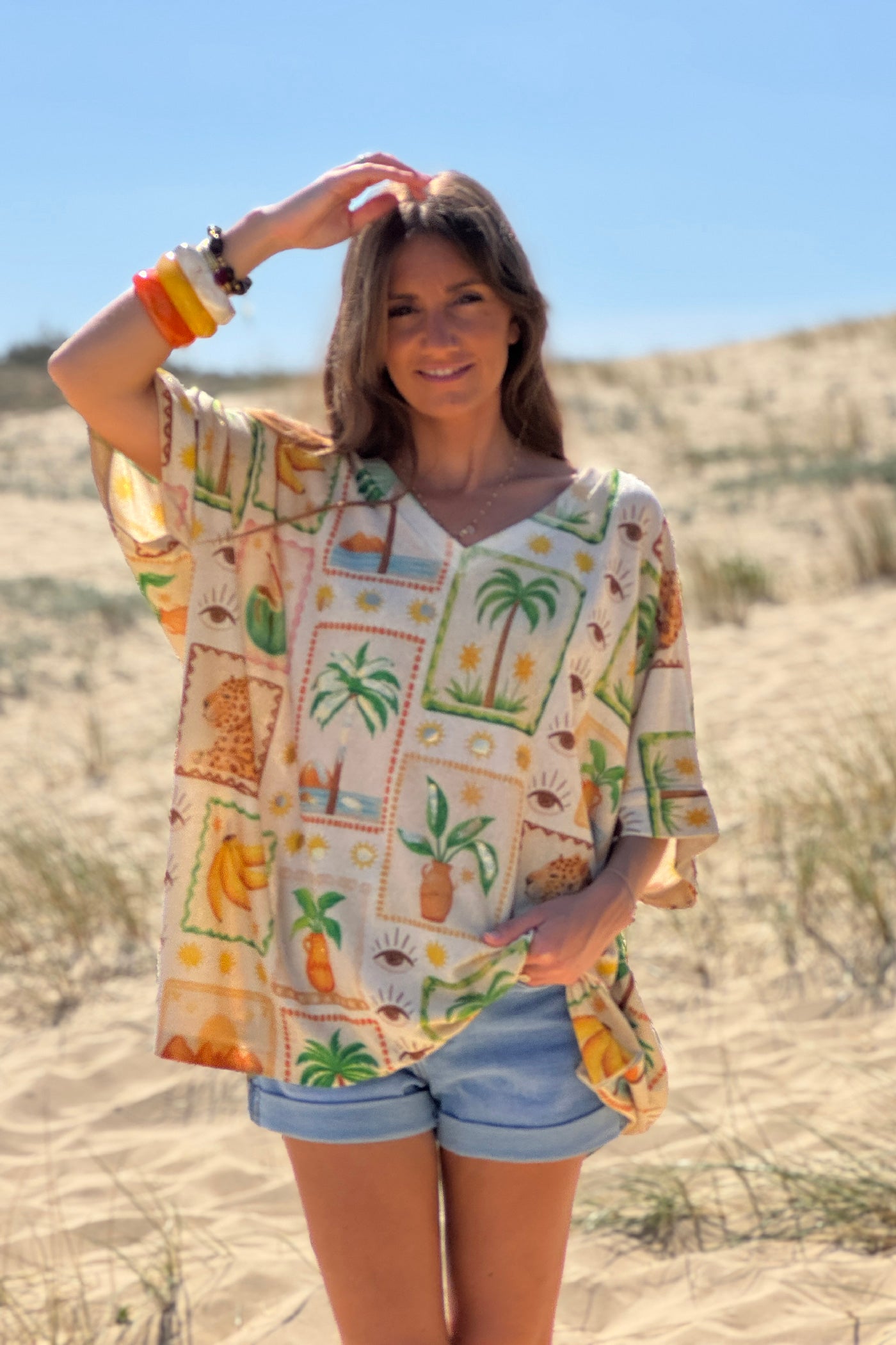 Beige Palm Squares Glitter Knit Top