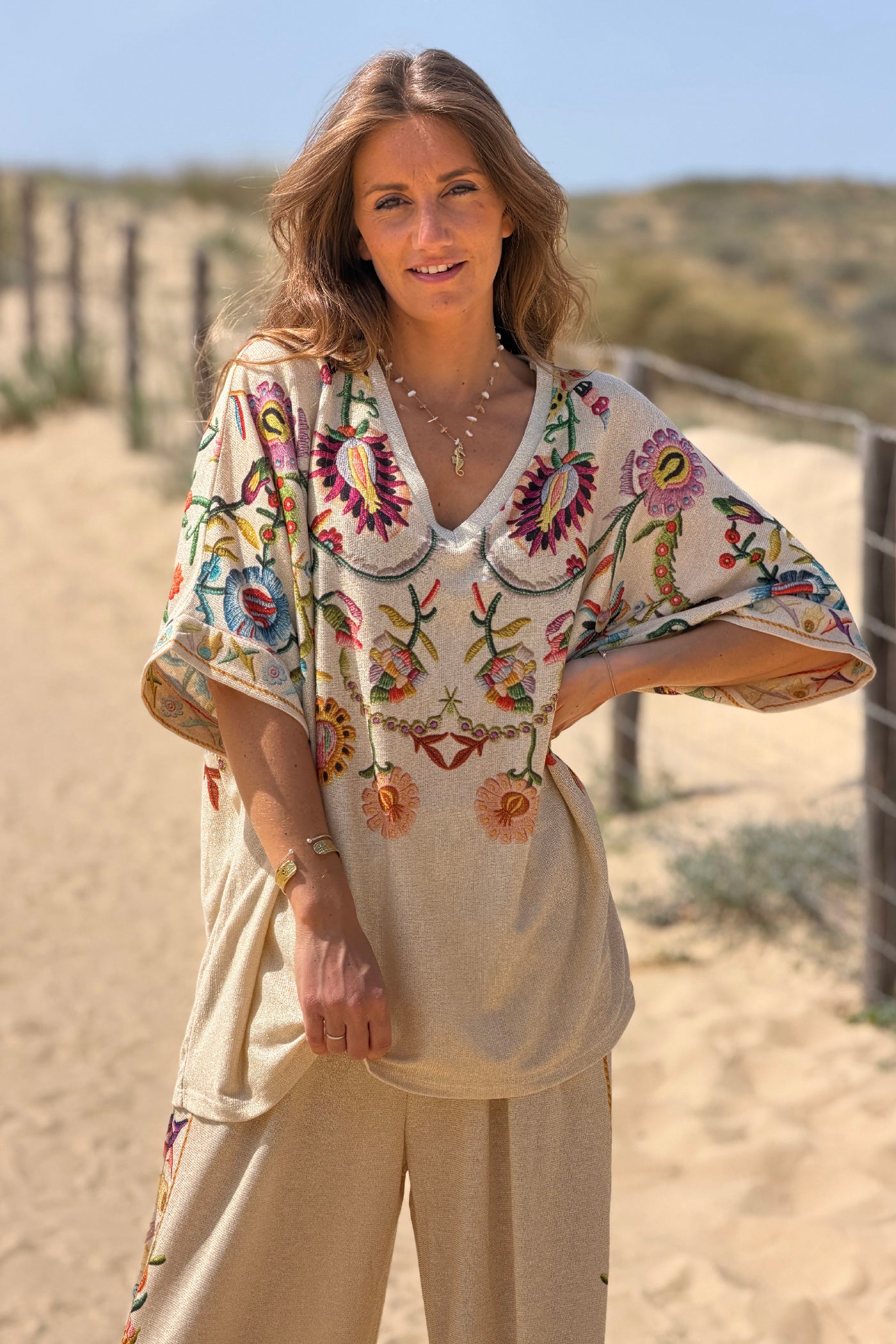 Beige Embroidered Folk Garden V-Neck Tunic

