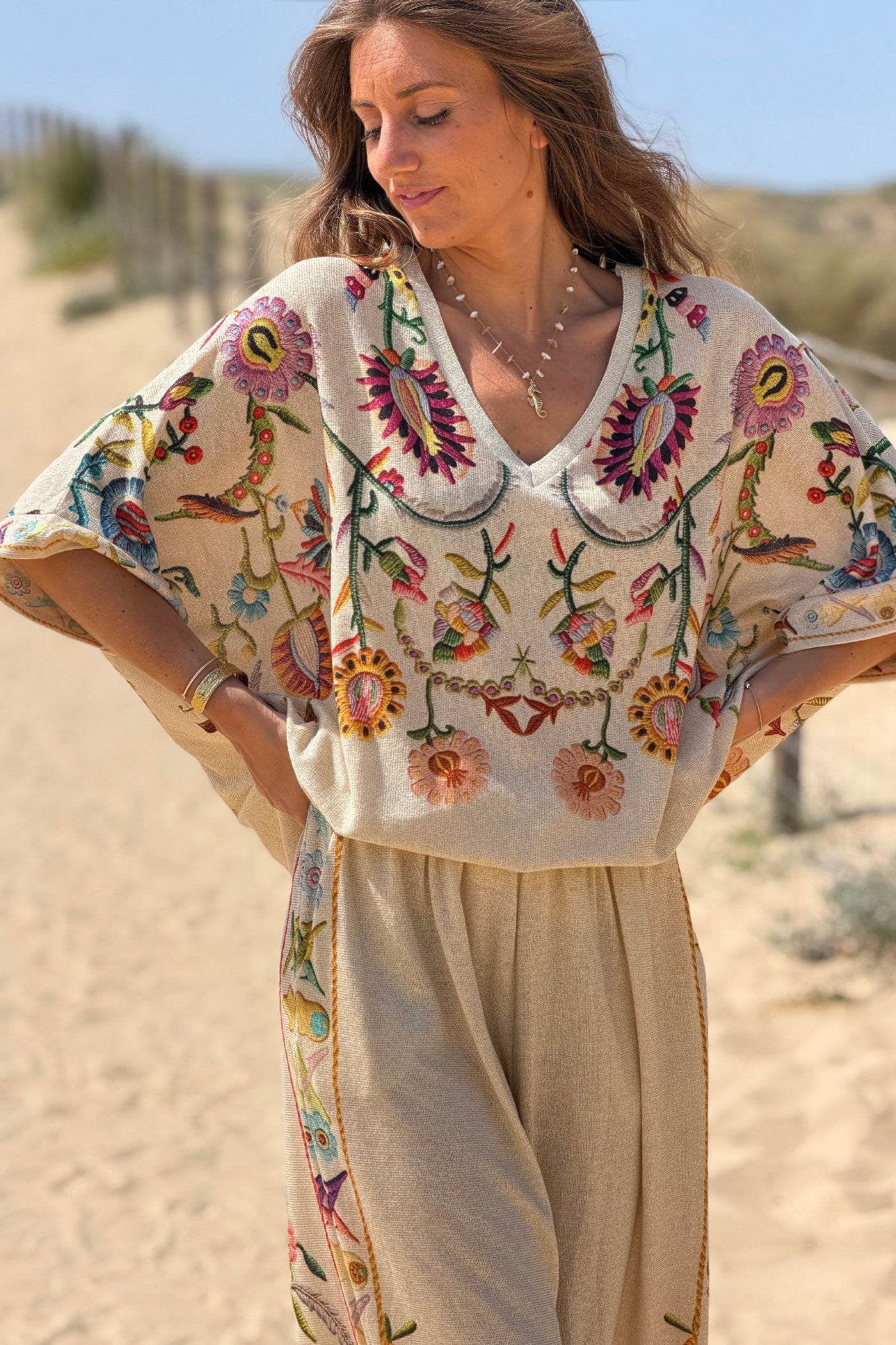 Beige Embroidered Folk Garden V-Neck Tunic

