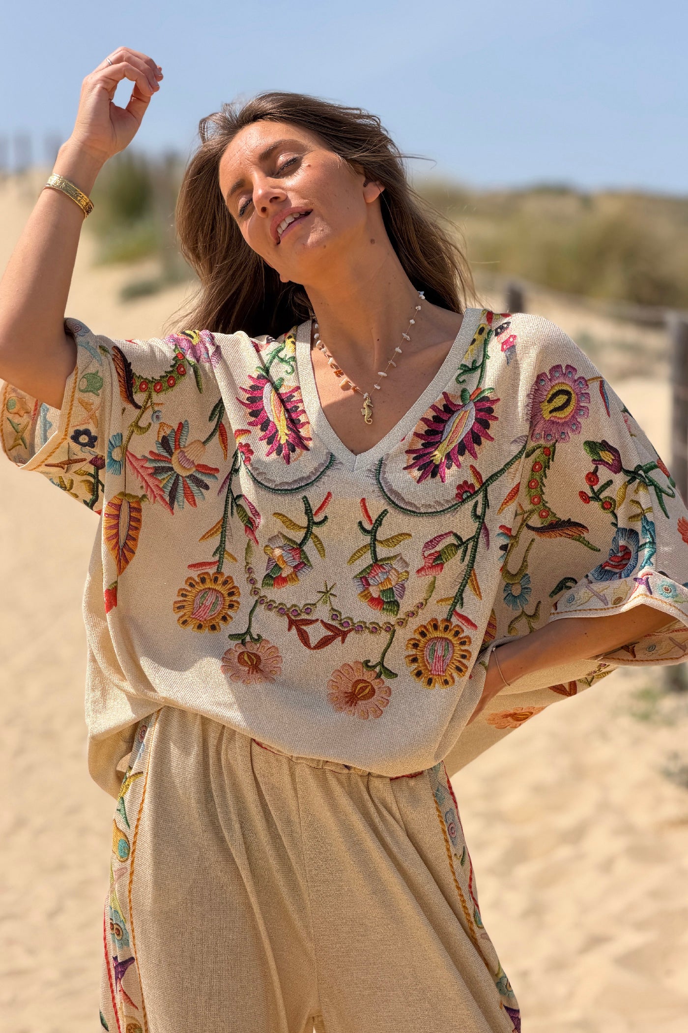 Beige Embroidered Folk Garden V-Neck Tunic

