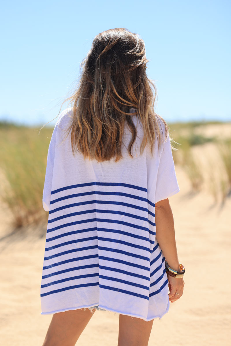 Blue striped top with embroidered heart and batwing sleeves