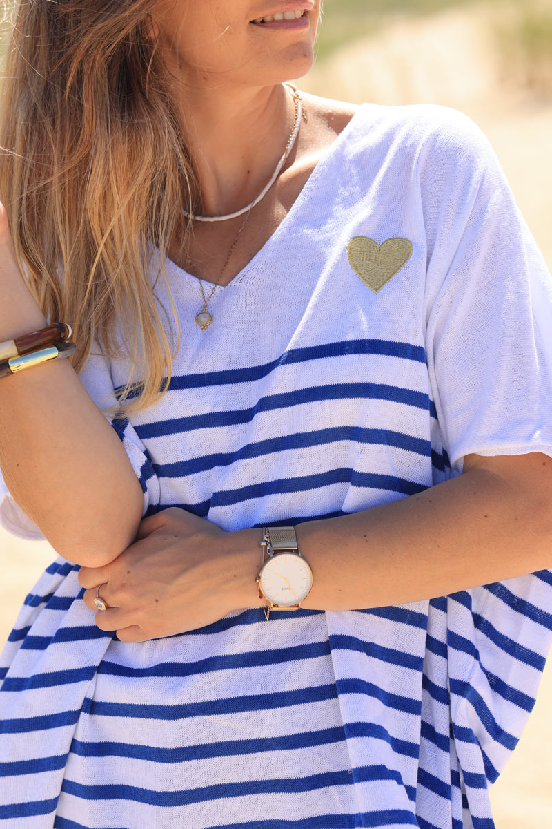 Blue striped top with embroidered heart and batwing sleeves
