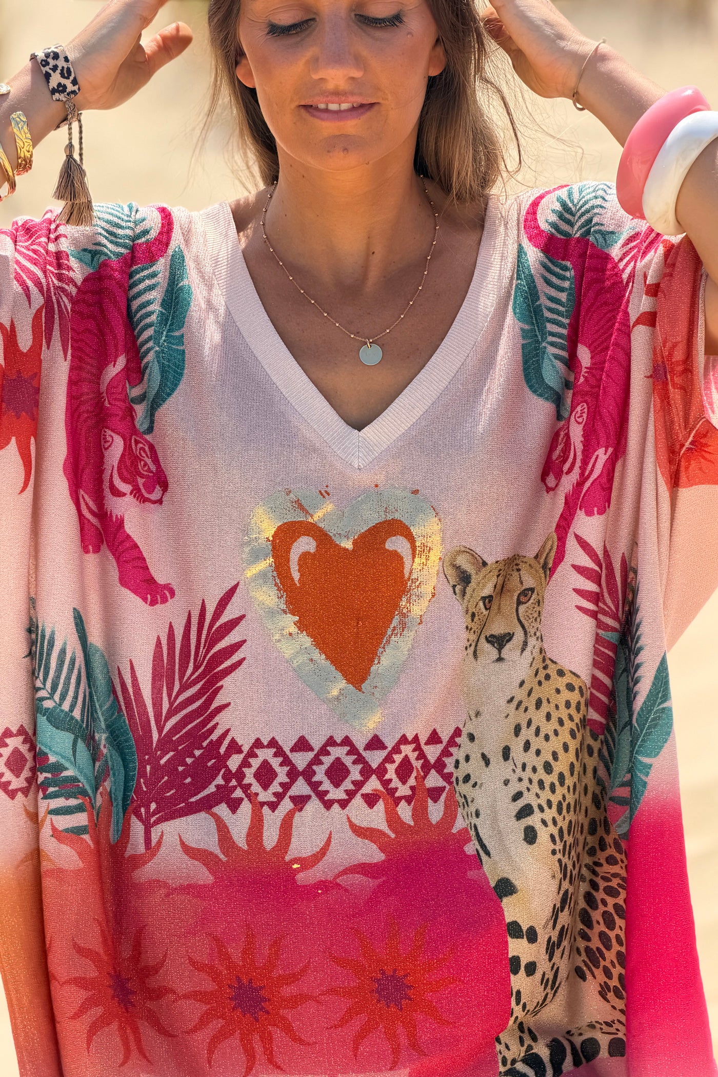Top large rose brillant lurex imprimé leopard coeur et tigre Happiness