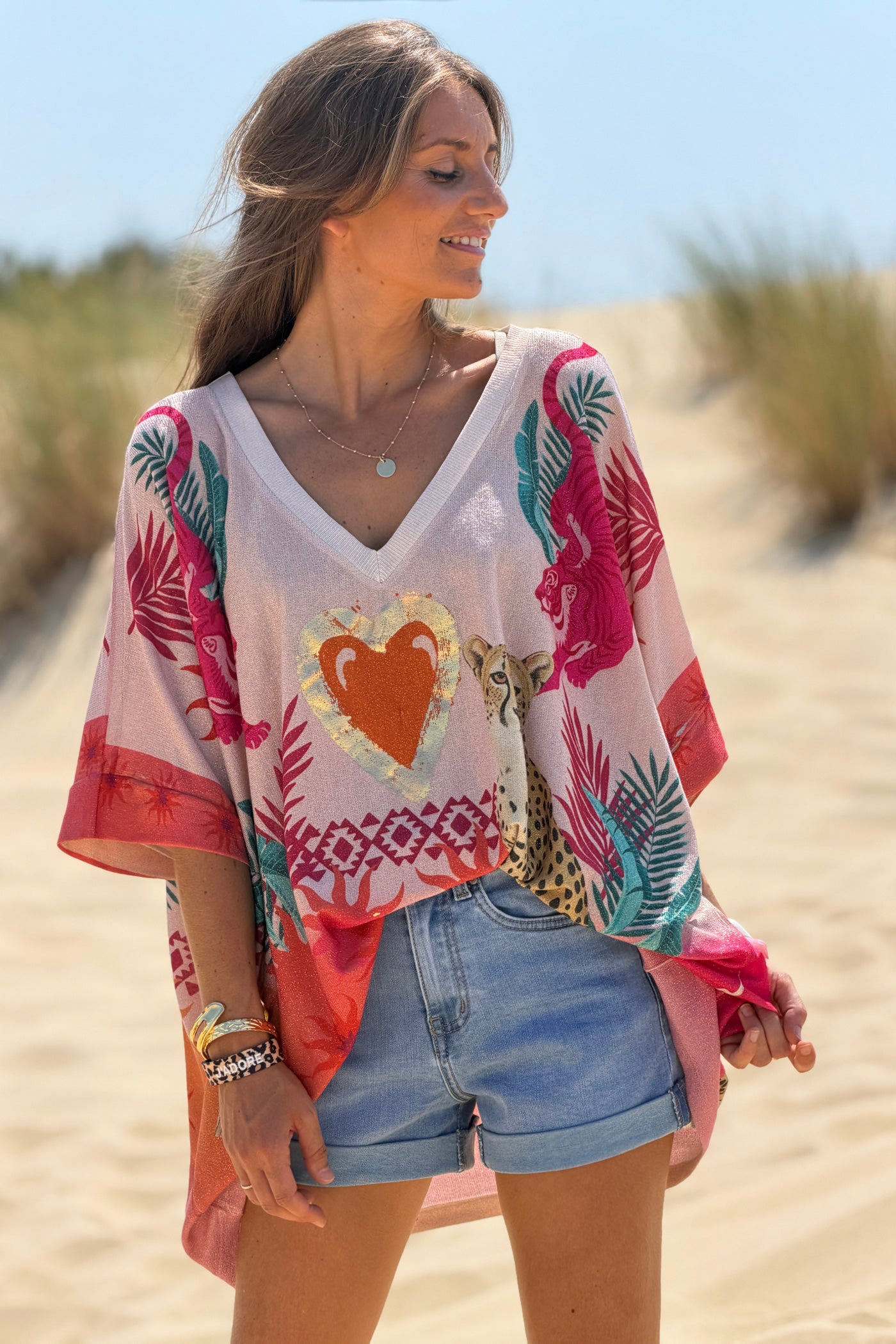 Top large rose brillant lurex imprimé leopard coeur et tigre Happiness