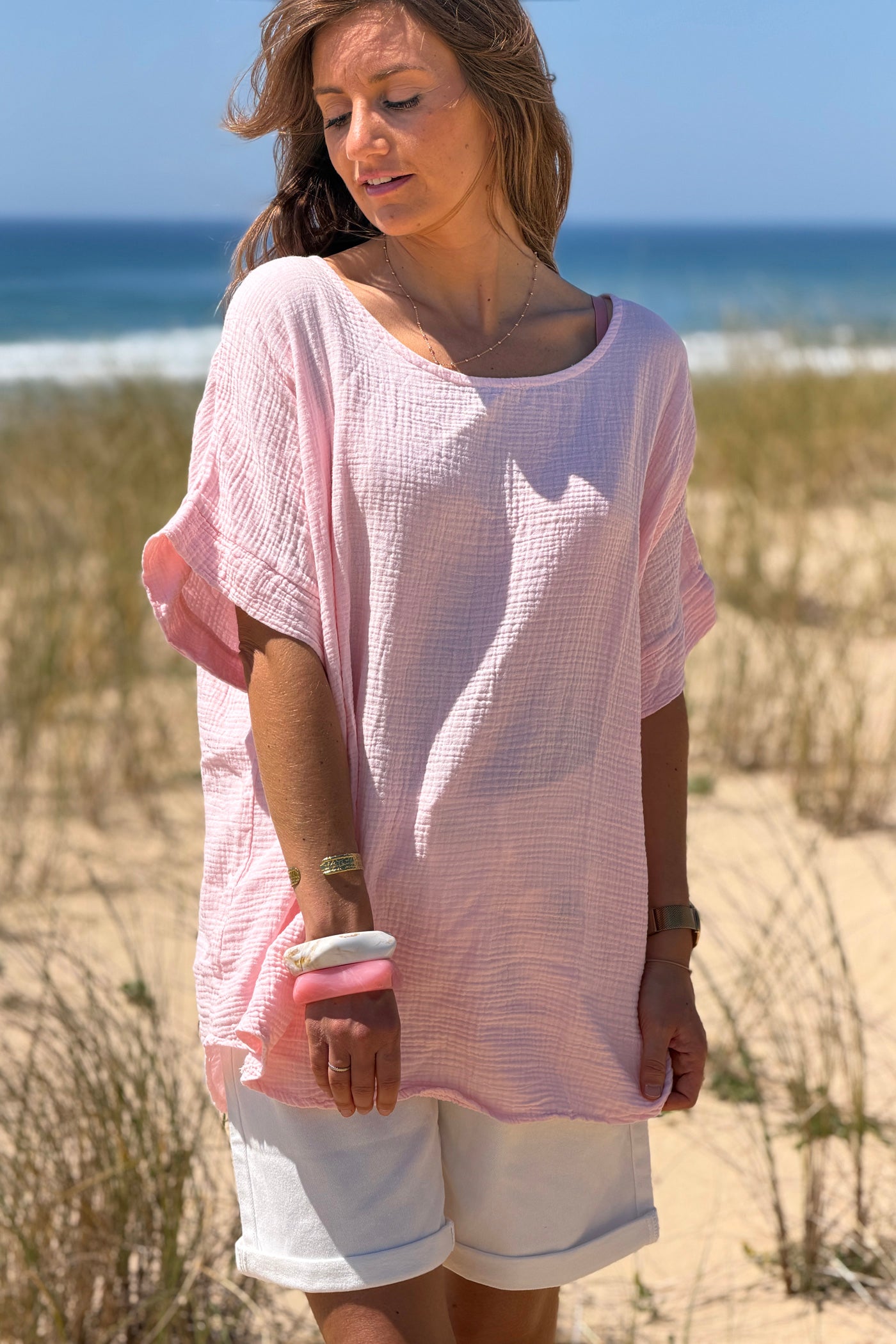 Top large rose en gaze de coton basique col rond