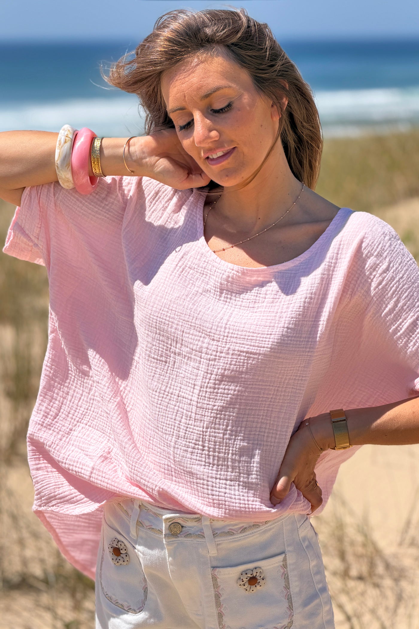 Top large rose en gaze de coton basique col rond