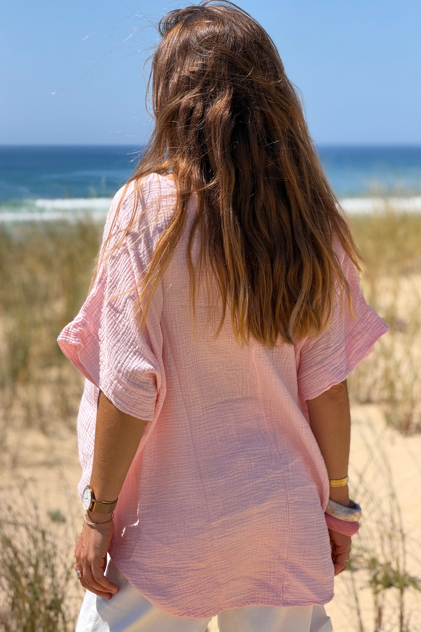 Top large rose en gaze de coton basique col rond