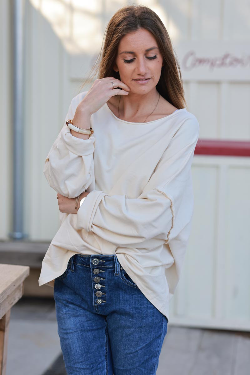 Cream Exposed Seam Long-Sleeve Tee