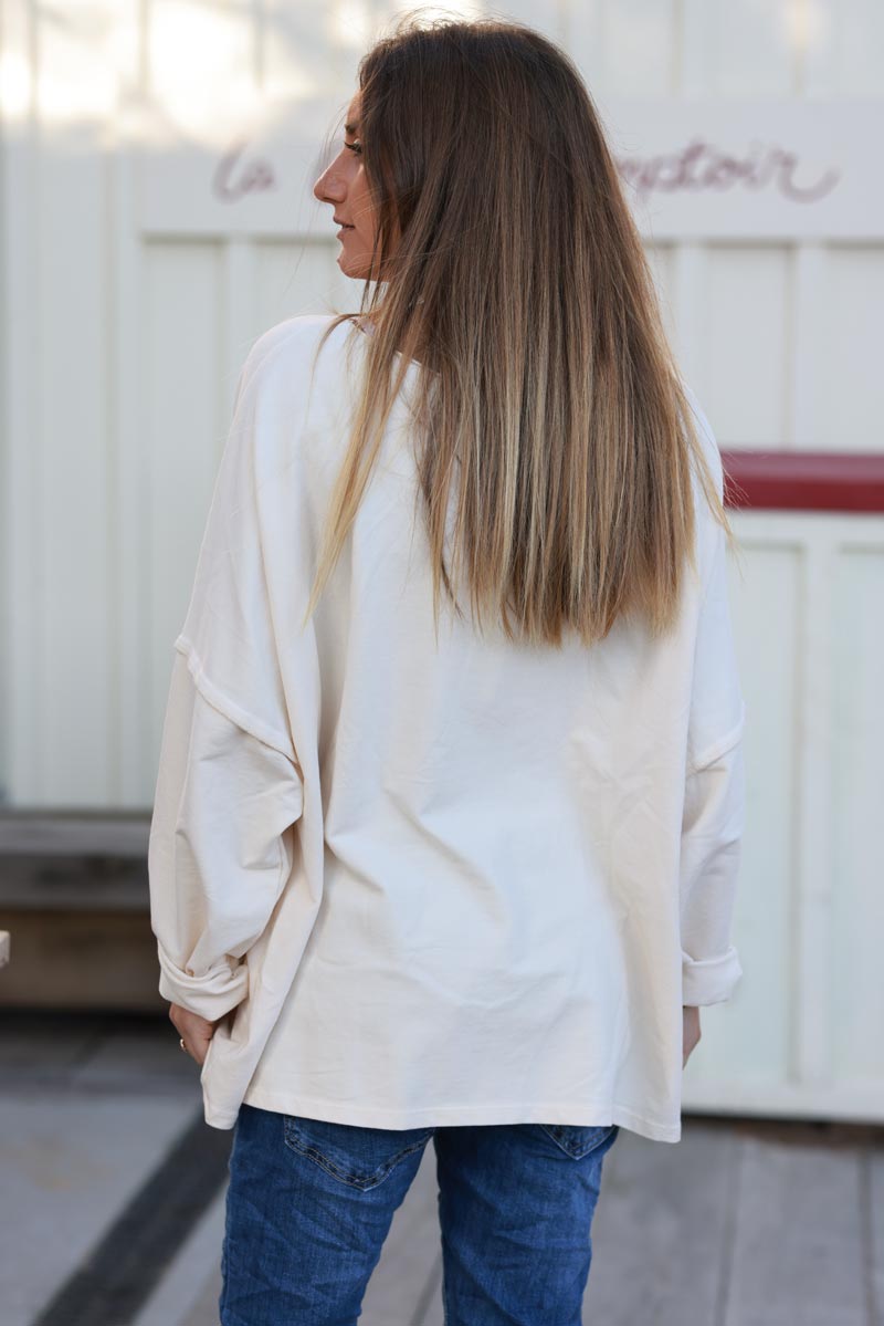 Cream Exposed Seam Long-Sleeve Tee