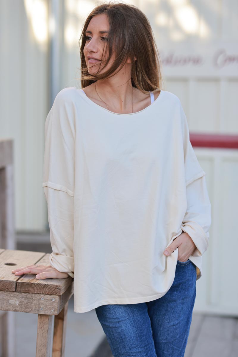 Cream Exposed Seam Long-Sleeve Tee