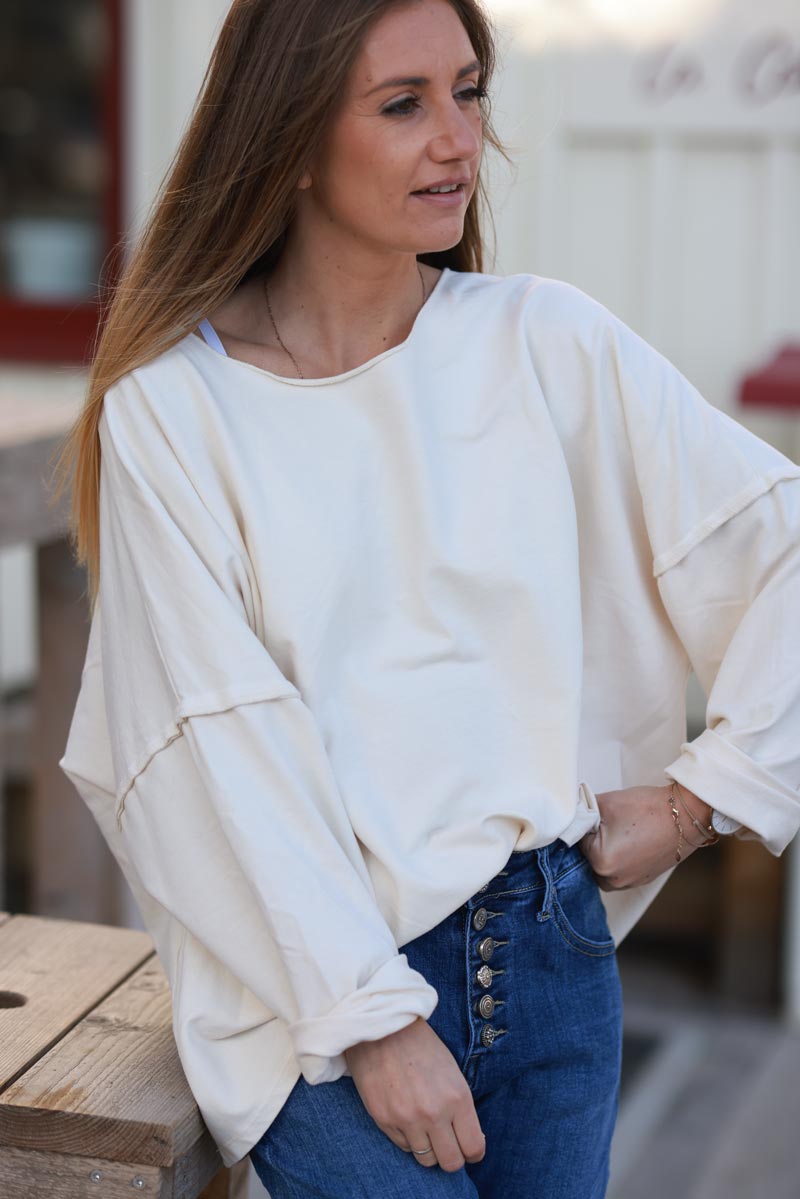 Cream Exposed Seam Long-Sleeve Tee