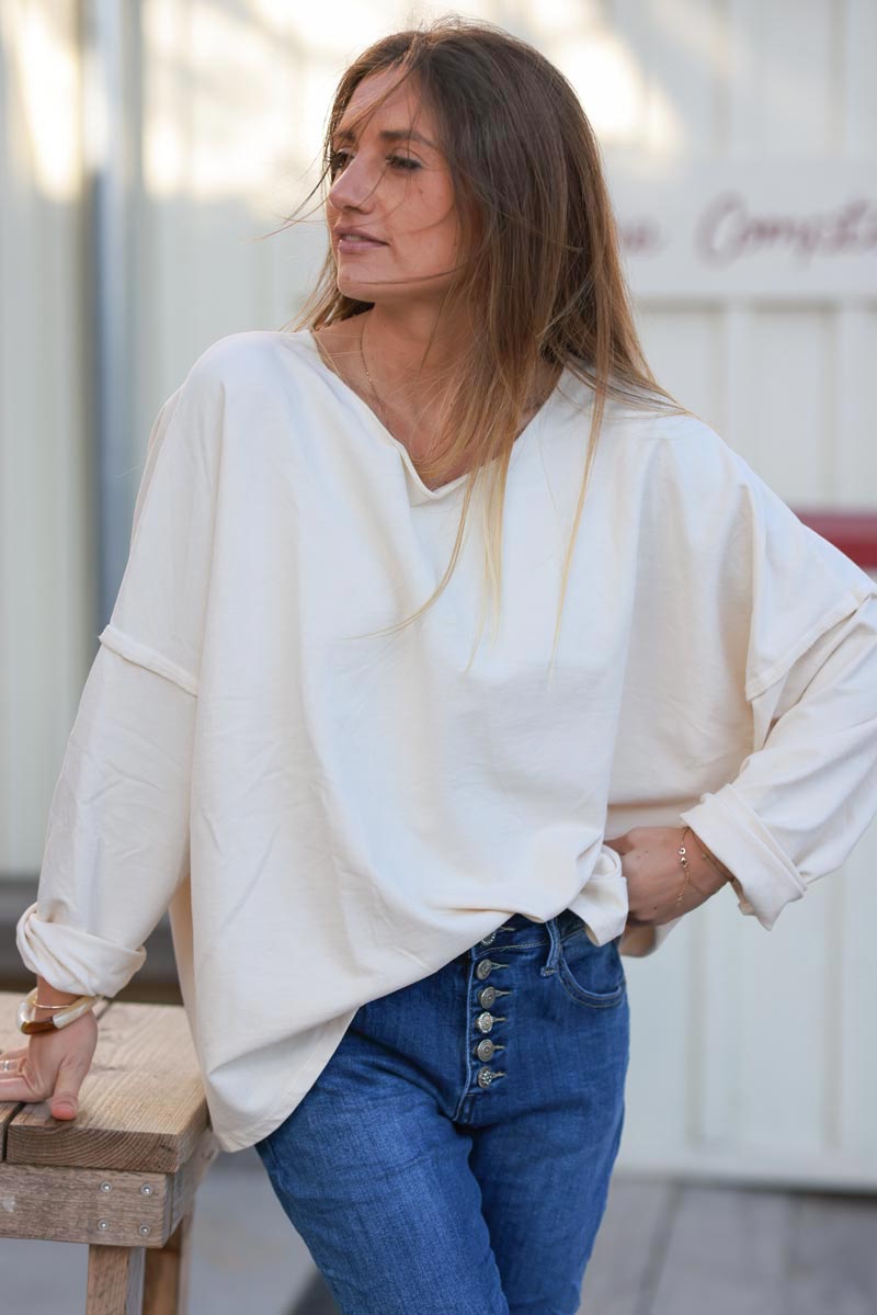 Cream Exposed Seam Long-Sleeve Tee