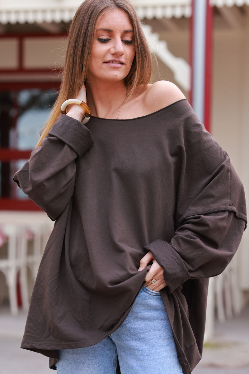 Brown Exposed Seam Long-Sleeve Tee