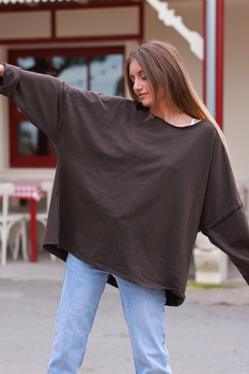 Brown Exposed Seam Long-Sleeve Tee