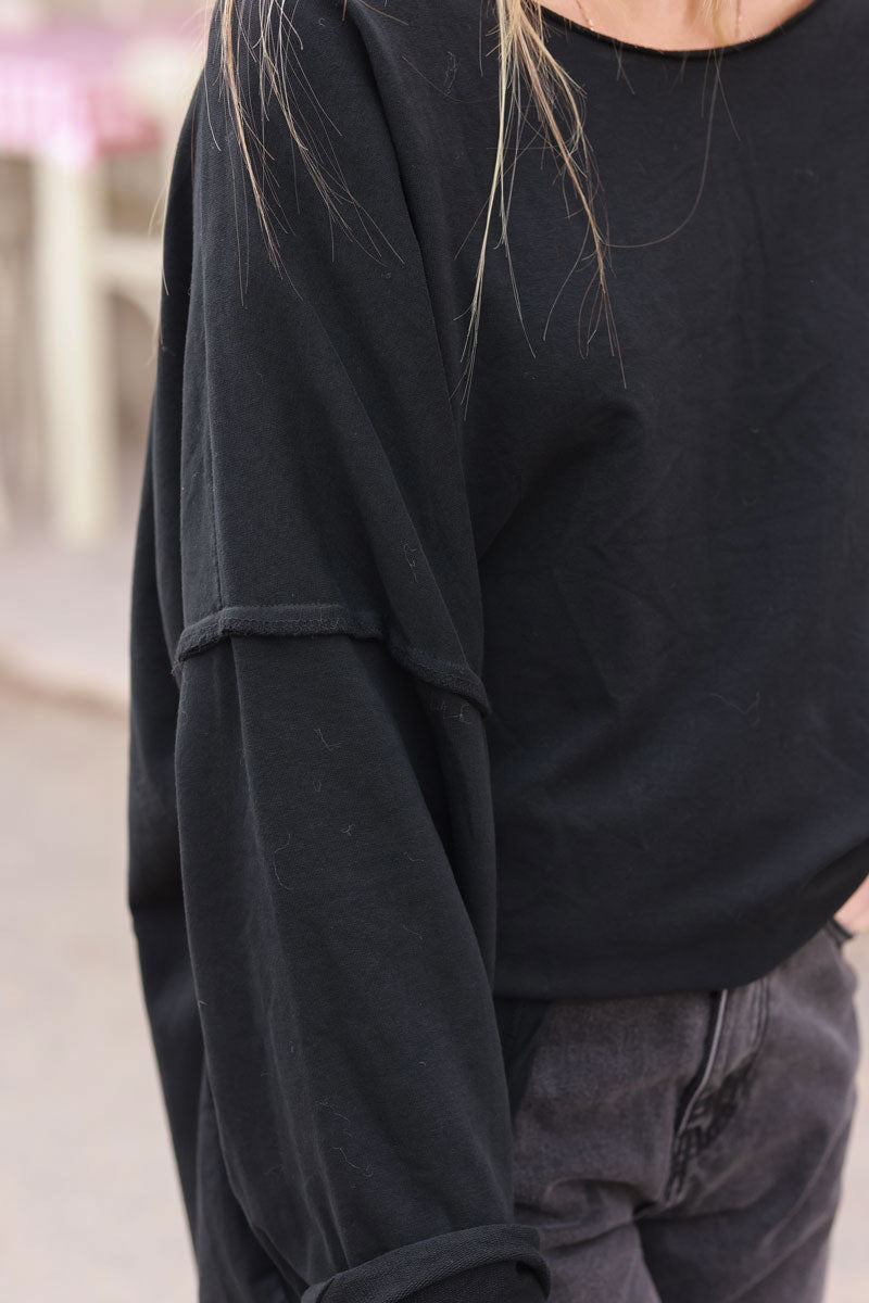 Black Exposed Seam Long-Sleeve Tee