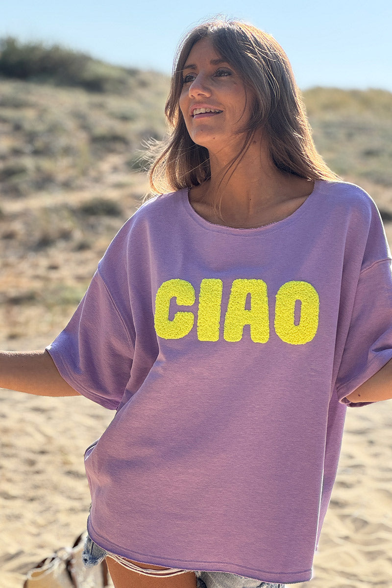 Top lilas en coton manches courtes broderie éponge CIAO jaune