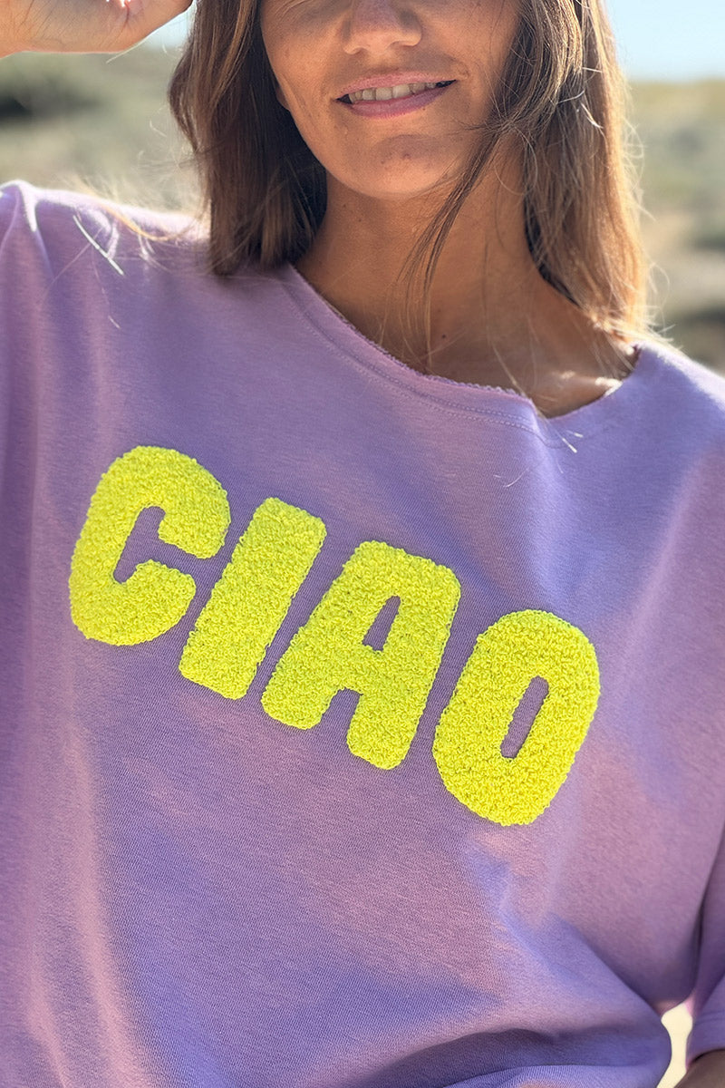Top lilas en coton manches courtes broderie éponge CIAO jaune
