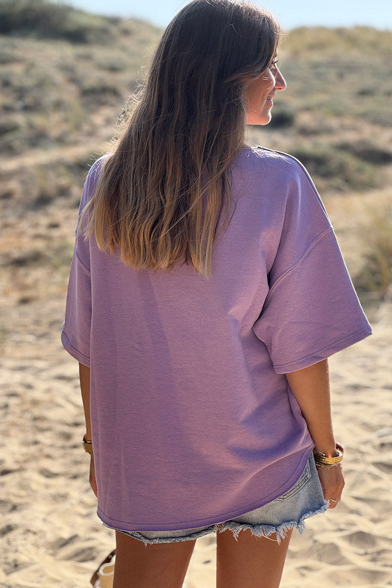 Top lilas en coton manches courtes broderie éponge CIAO jaune