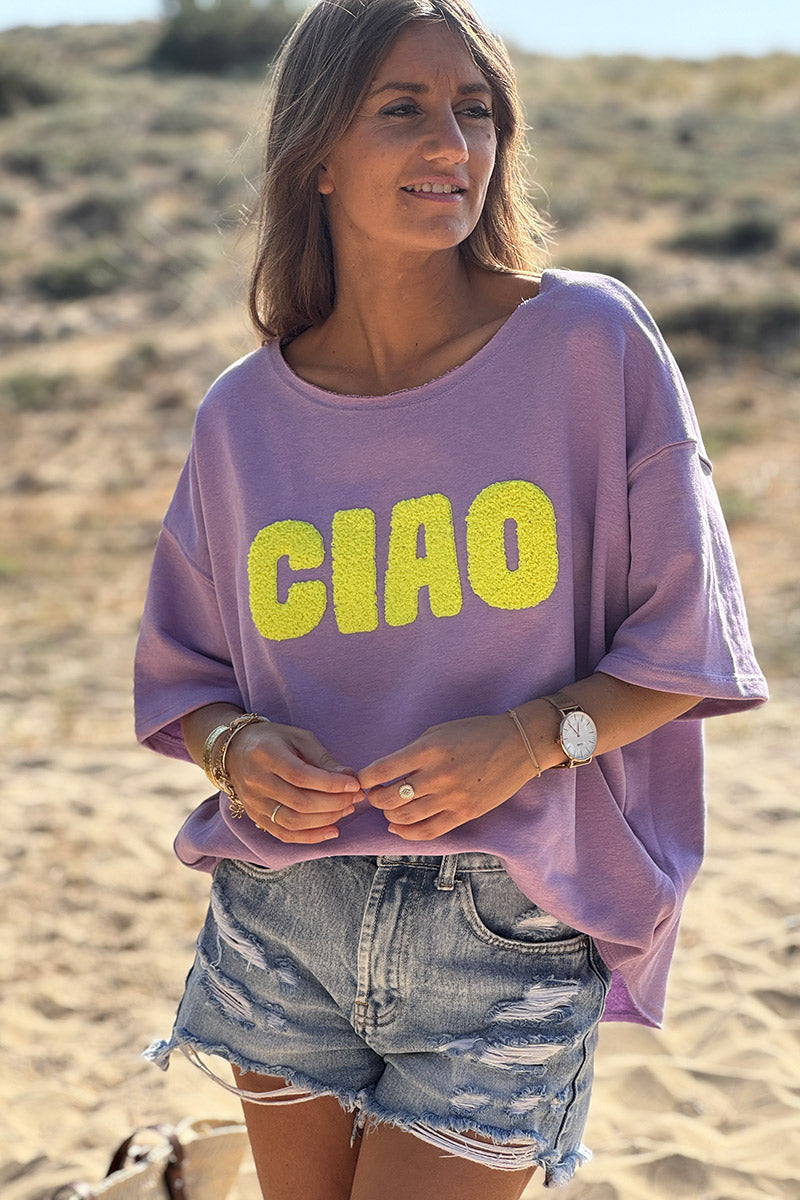 Top lilas en coton manches courtes broderie éponge CIAO jaune