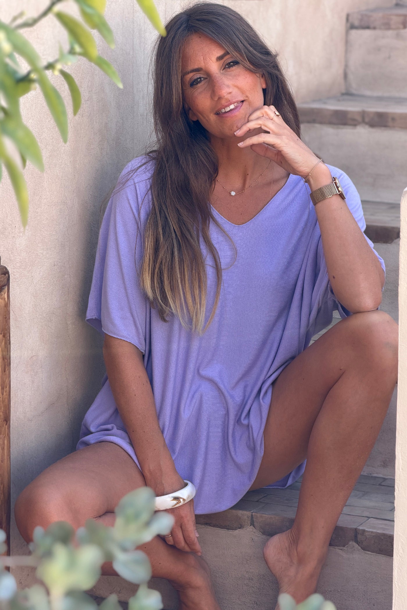 Top lillas fluide confort et stretch col V